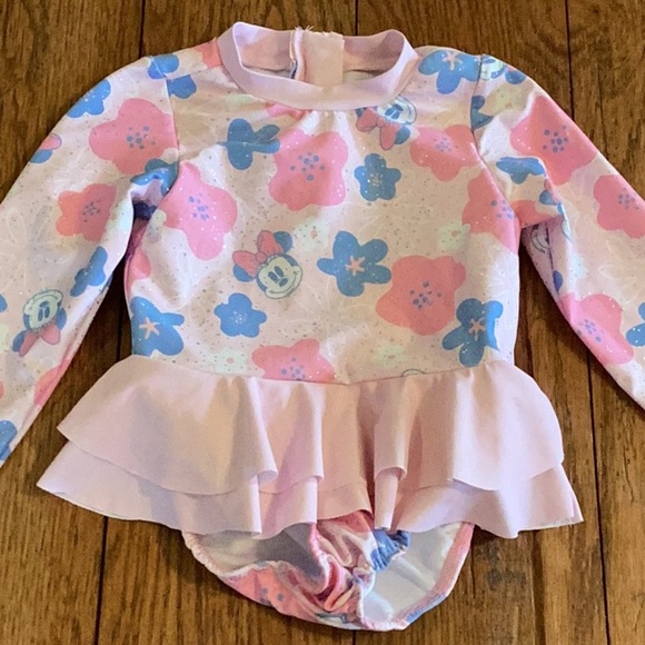 Disney Minnie Mouse pink sparkly floral long sleeve ruffled one piece swimsuit - Picture 4 of 16